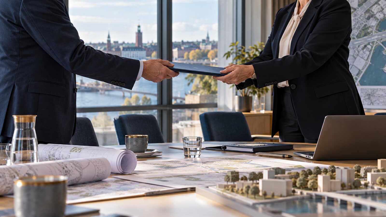 Två anonyma kommunala chefer lämnar över en mapp vid ett mötesbord med stadsplaner.