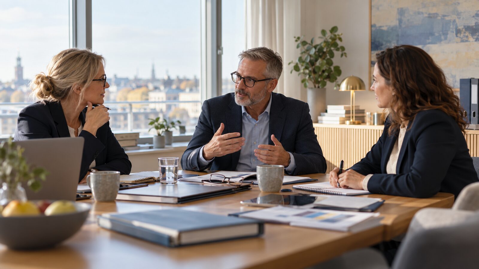 Tre kommunala chefer samtalar runt ett mötesbord om ledning av social välfärd.