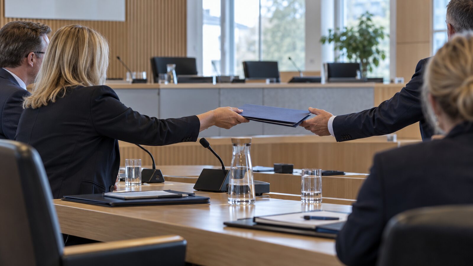 Anonyma kommunala företrädare lämnar över en mörkblå mötesmapp i en modern fullmäktigesal.